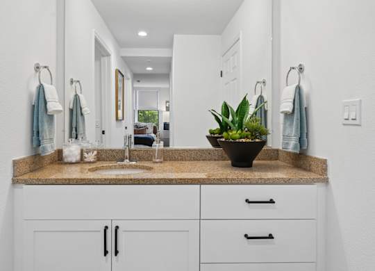 bathroom with white cabinets and dark hardware