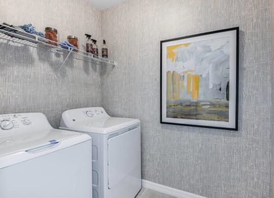 a washer and dryer in a laundry room with a painting on the wall