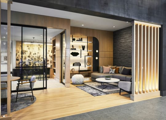 a living room with a couch and a table