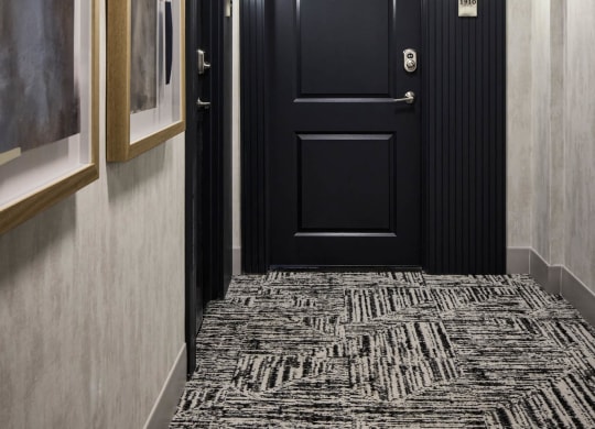 a black door in a hallway with a rug and a painting