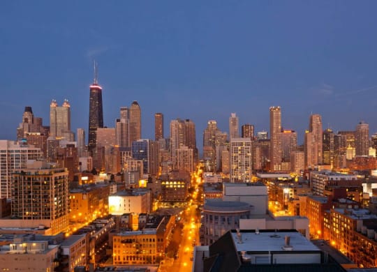 a view of the chicago skyline at night