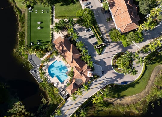 Aerial view of clubhouse and pond