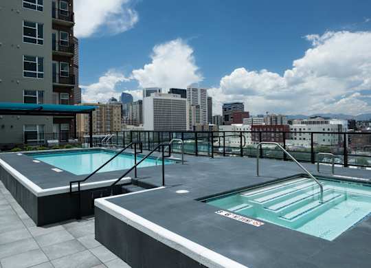 Pool with views of the Denver skyline.