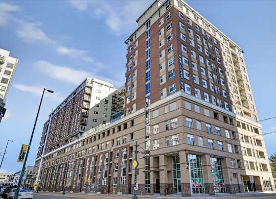 Exterior view of Arapahoe Square apartments in Denver, Colorado.