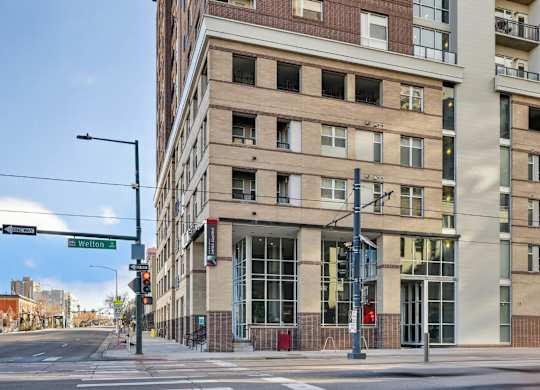 Exterior view of Arapahoe Square apartments in Denver, Colorado.