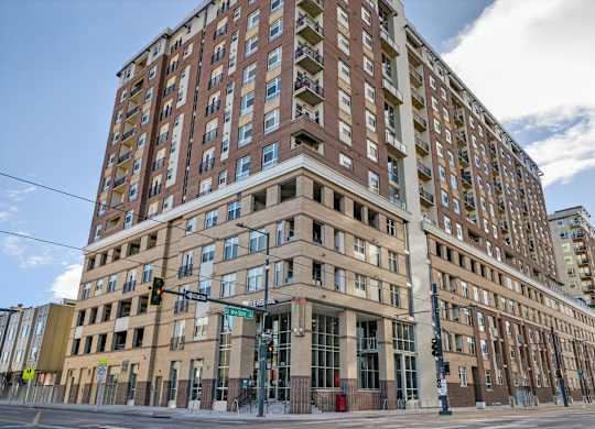 Exterior view of Arapahoe Square apartments in Denver, Colorado.