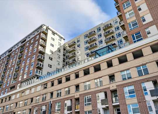Exterior view of Arapahoe Square apartments in Denver, Colorado.