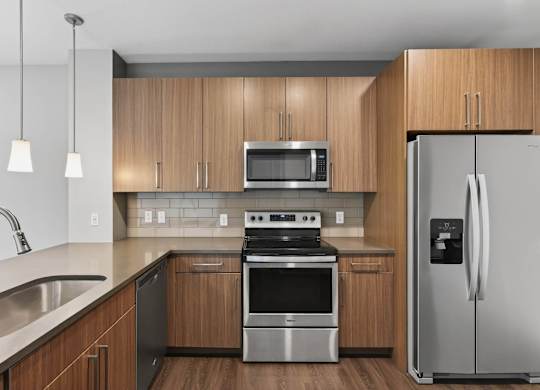Luxury kitchen with wood cabinets and stainless steel appliances.