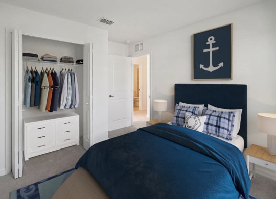 a bedroom with a bed and a closet