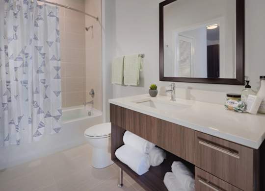 A bathroom with a white countertop and a mirror above it.