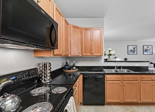 Kitchen with wood cabinets and black appliances