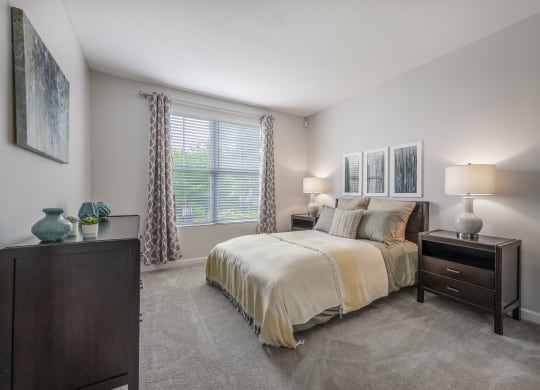 a bedroom with a bed and a dresser and a window