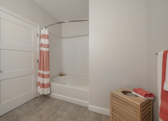 a bathroom with a tub and a shower and a dresser