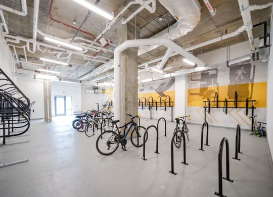 a group of bikes parked in a large room