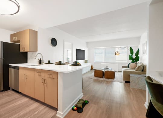 an open kitchen and living room in an apartment