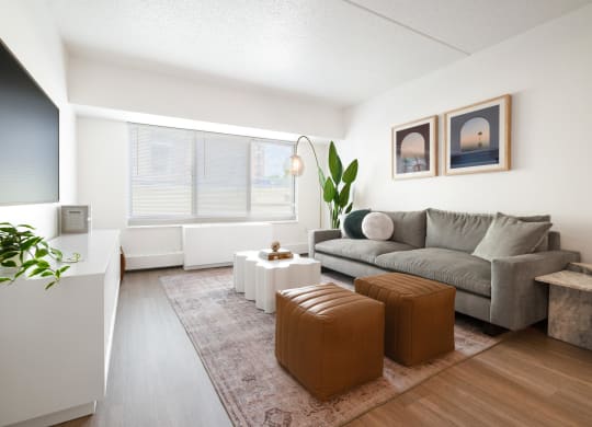 a living room with a gray couch and a large window