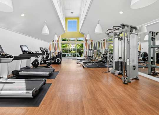 Fitness center at Grove Apartments with cardio equipment, strength machines, and free weights.