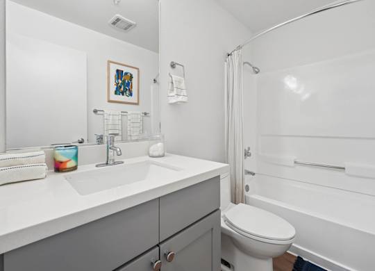 Modern bathroom with white vanity, bathtub shower combo, and wood-style flooring.