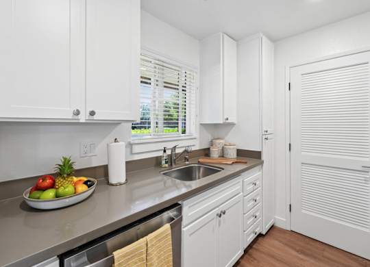 Apartment kitchen with stainless steel appliances and quartz countertops