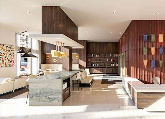 A modern living room with a kitchen area and a large window.