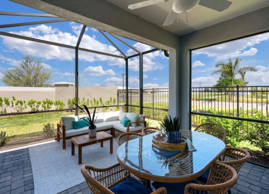 a patio with a table and chairs under a glass roof at Marisol, Bradenton, FL 34211