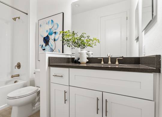 A white bathroom with a toilet, sink, and a framed picture on the wall at Marisol in Lakewood Ranch, FL