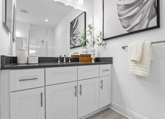 A bathroom with white cabinets and a large mirror at Marisol in Lakewood Ranch, FL