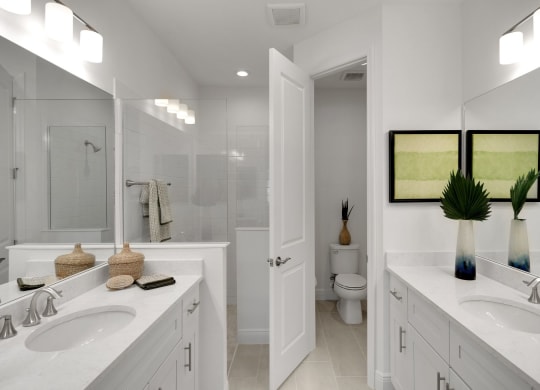 a bathroom with two sinks and a mirror