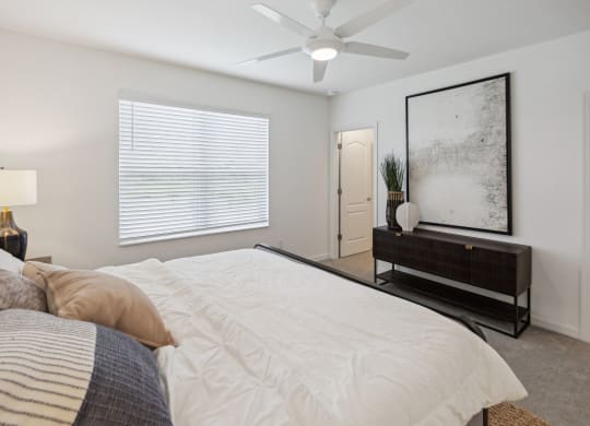 Large bedroom with ceiling fan and walk-in closet