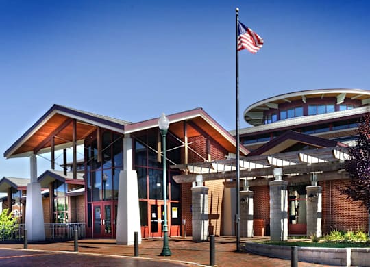A building with a flag on top of it.