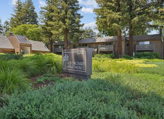 Entrance sign for Old Orchard Apartments surrounded by mature trees and landscaped grounds.