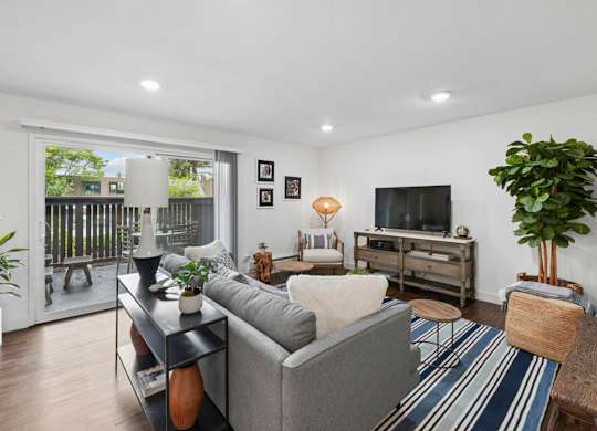 Living room with sofa and open floor plan at Old Orchard Apartments