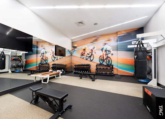 a fitness room with boxing equipment and a mural on the wall