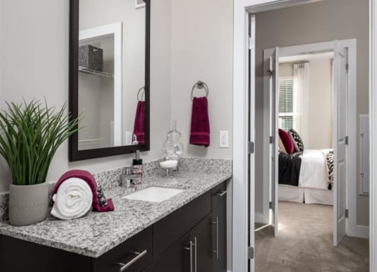a bathroom with a sink and a mirror and a bedroom