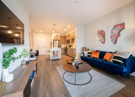 a living room with a couch and a table