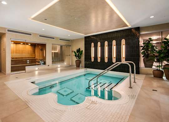 Renovated spa interior showcasing modern design details, clean lines, and warm textures.