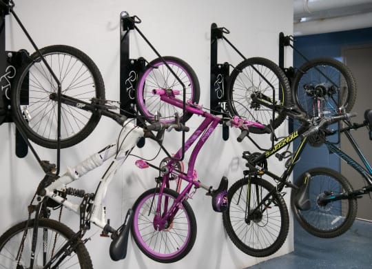 a row of bikes hanging on a wall