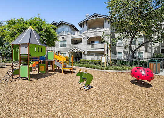 Outdoor playground with slides and climbing structures surrounded by landscaping at The Presidio Apartments.