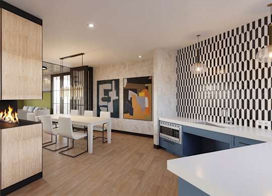 A modern living room with a fireplace and a dining table.