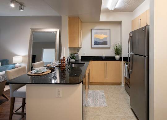 A modern kitchen with a black countertop and stainless steel appliances.