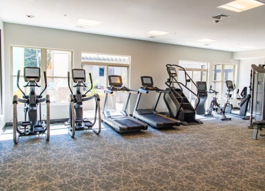 a gym with cardio equipment in a room with windows