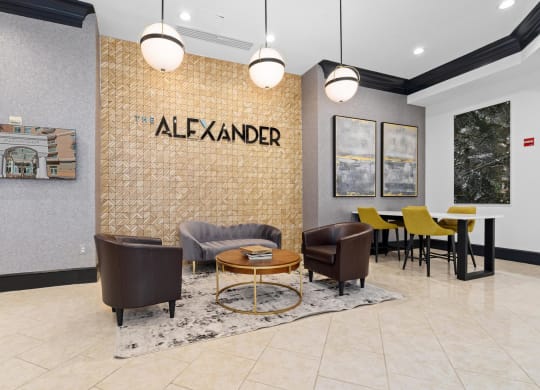 the lobby of the resource center with chairs and tables