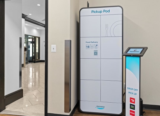 a vending machine in the lobby of a building