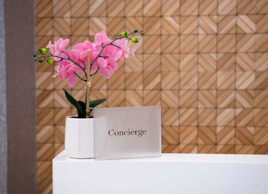 A bouquet of pink flowers sits in a white vase on a white pedestal.