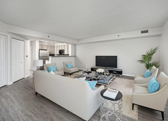 a living room with couches and chairs and a tv