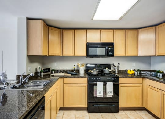 a kitchen with wood cabinets and black appliances and granite counter tops