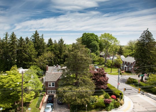 an aerial view of a neighborhood with trees and houses and a train