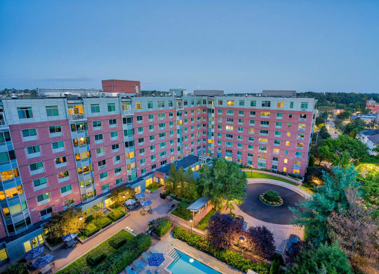 an aerial view of the hotel at night