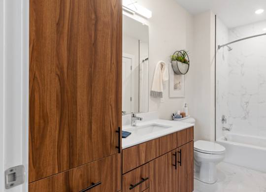 A bathroom with a wooden cabinet and a white toilet.