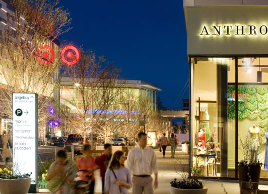 people walking down a busy city street in front of a shopping mall